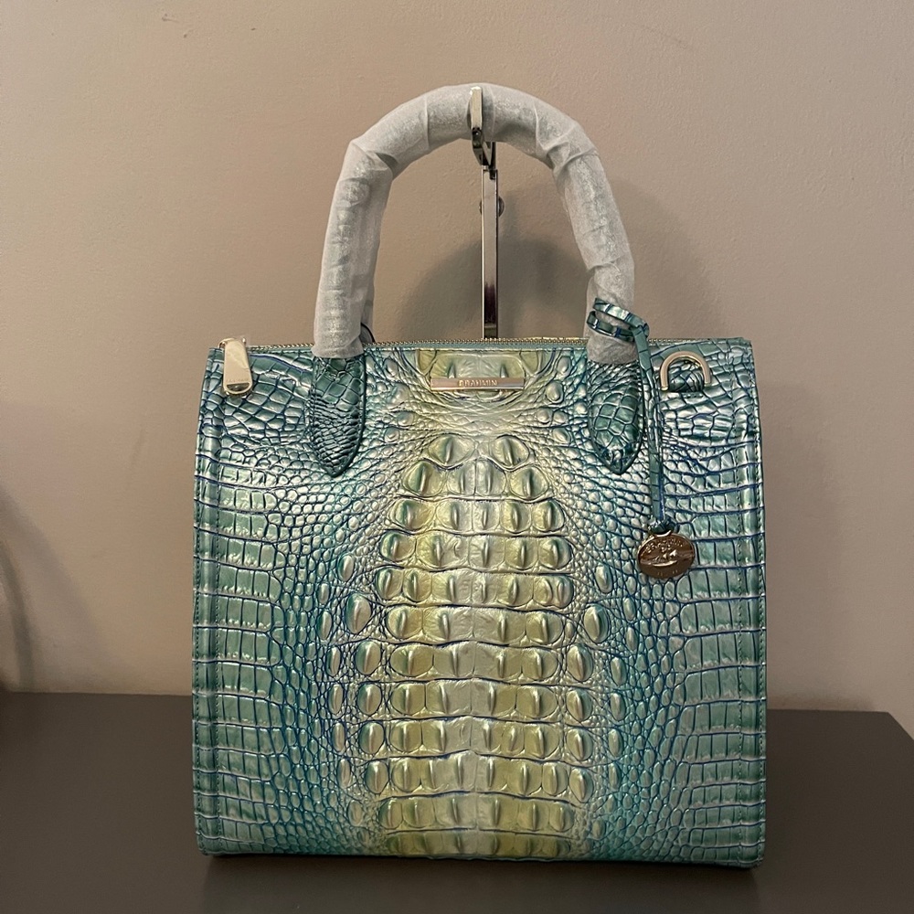 BRAHMIN Seafoam Caroline Croc Embossed Satchel Bag NWT